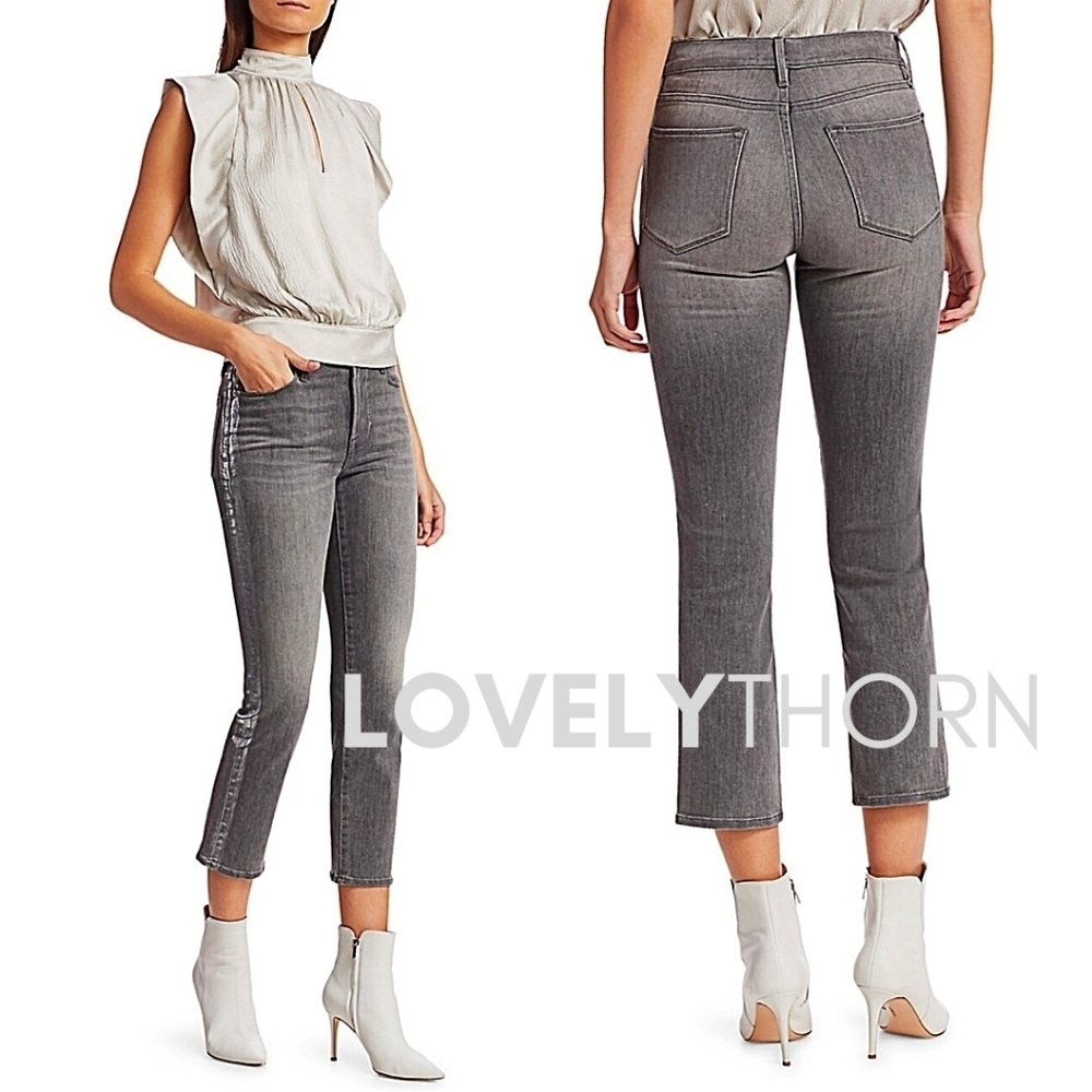 FRAME // le high straight leg foil tuxedo stripe crop grey jeans - Picture 1 of 16